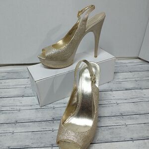 Bakers Flash Gold Glitter Platform Stiletto Peep Toe Shoes Heels 8.5M